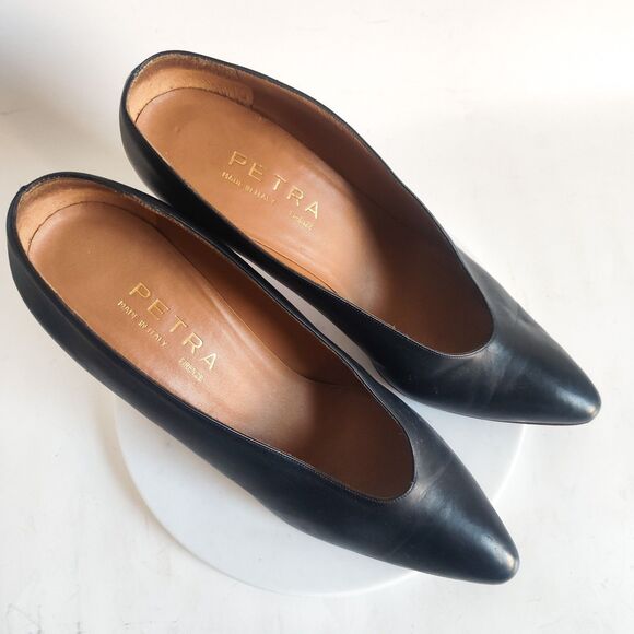 Petra Firenze Heels 9.5 Italian Leather Sole Pumps Navy Blue Pointy Toe Striped - Picture 7 of 13